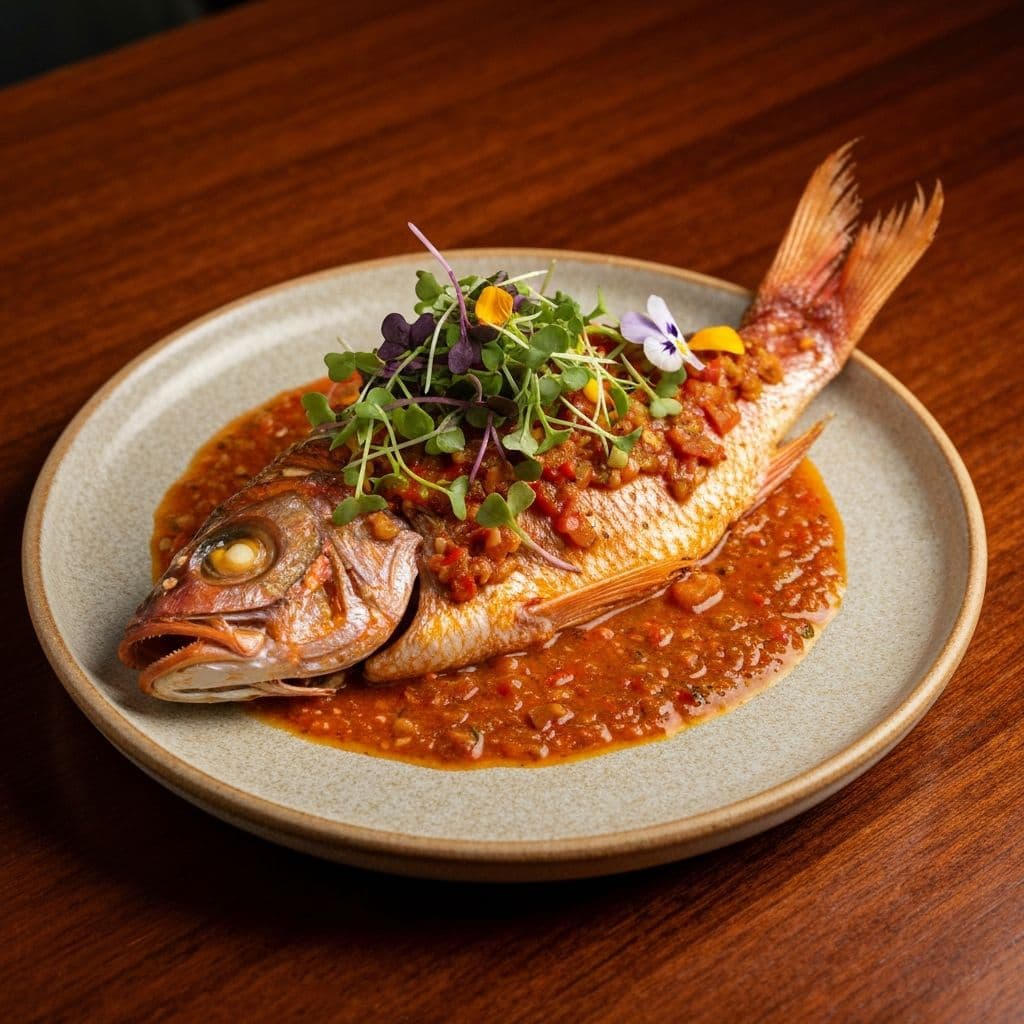 Whole roasted red snapper with mojo criollo